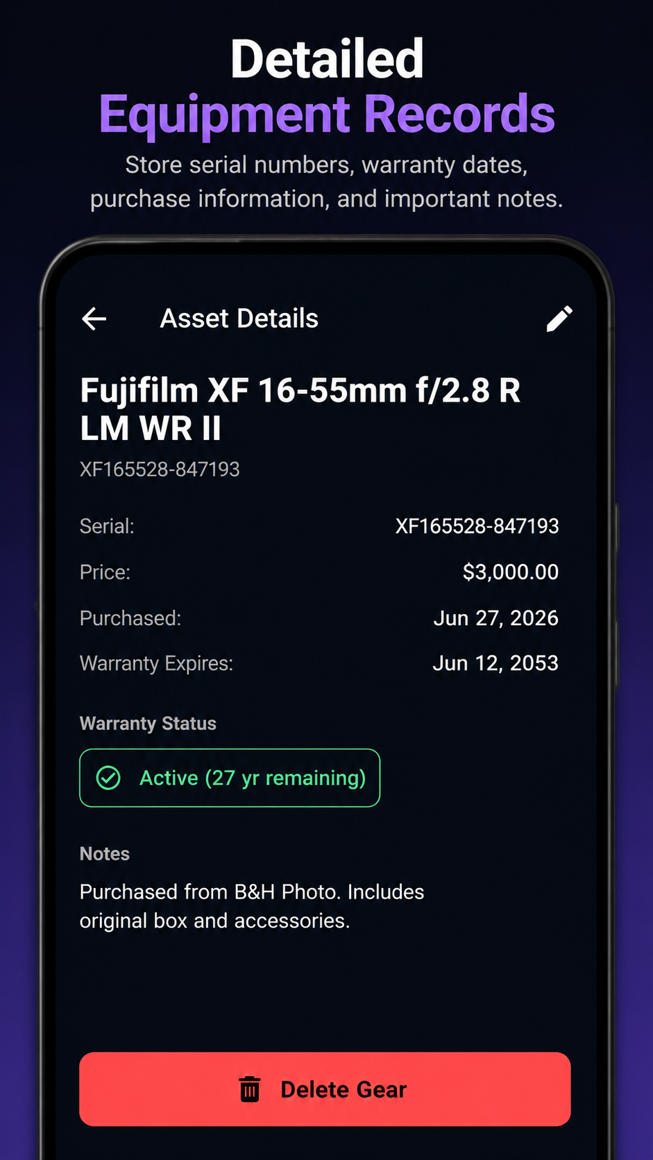 Asset details screen