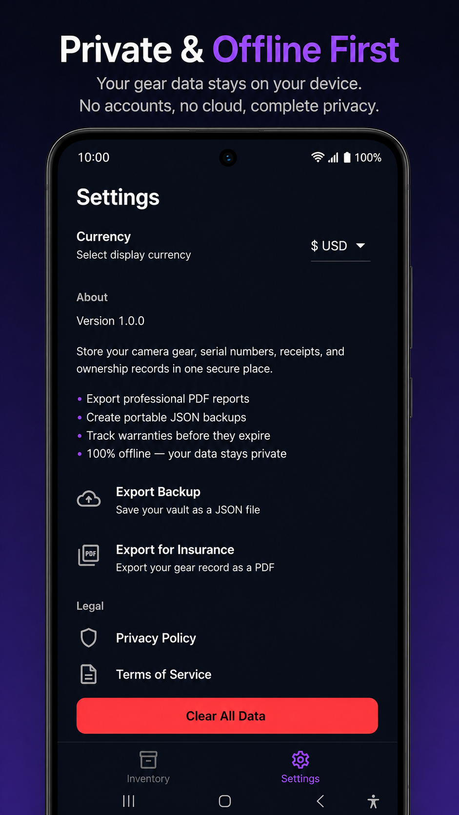 Private and offline settings screen