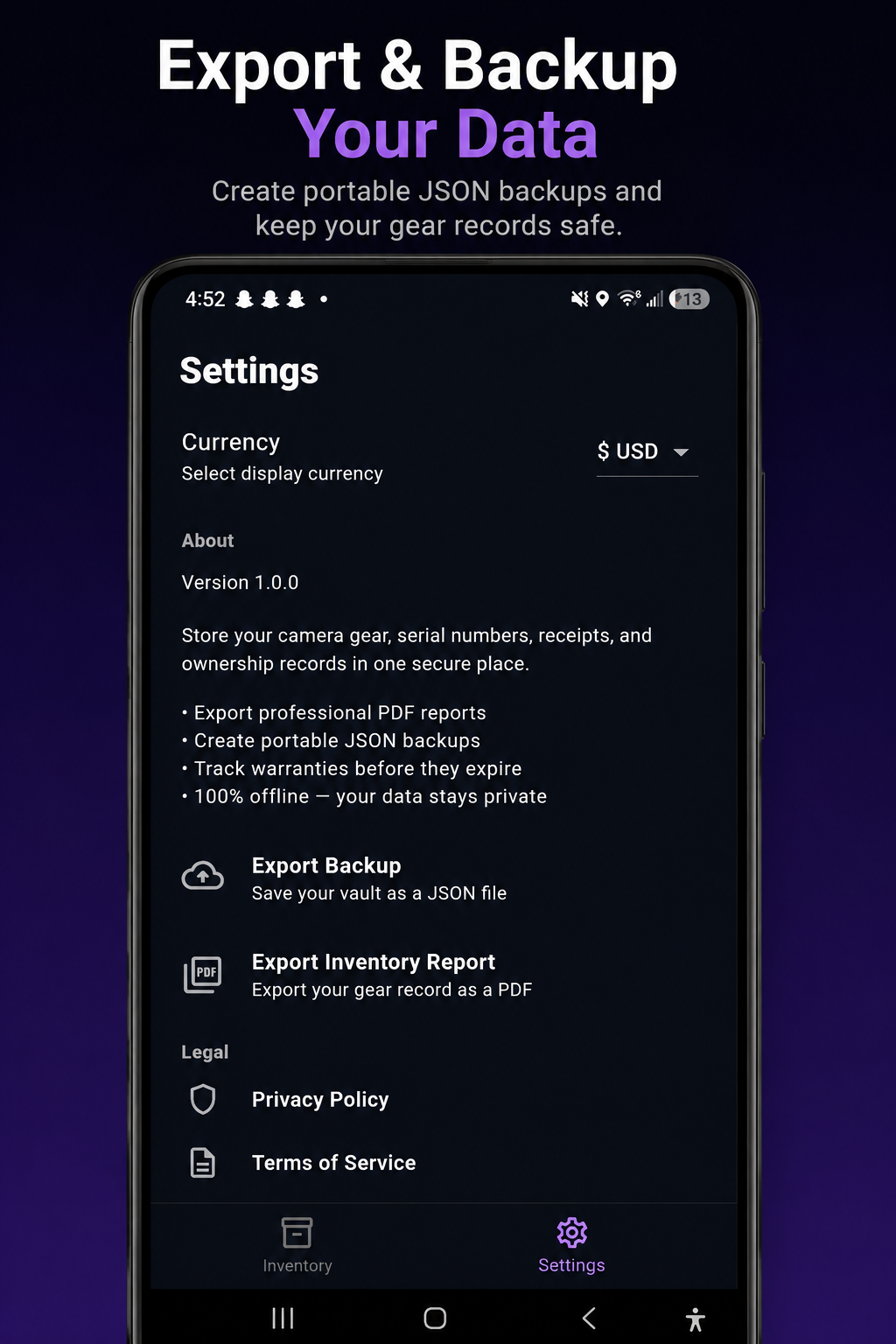 Export and backup screen